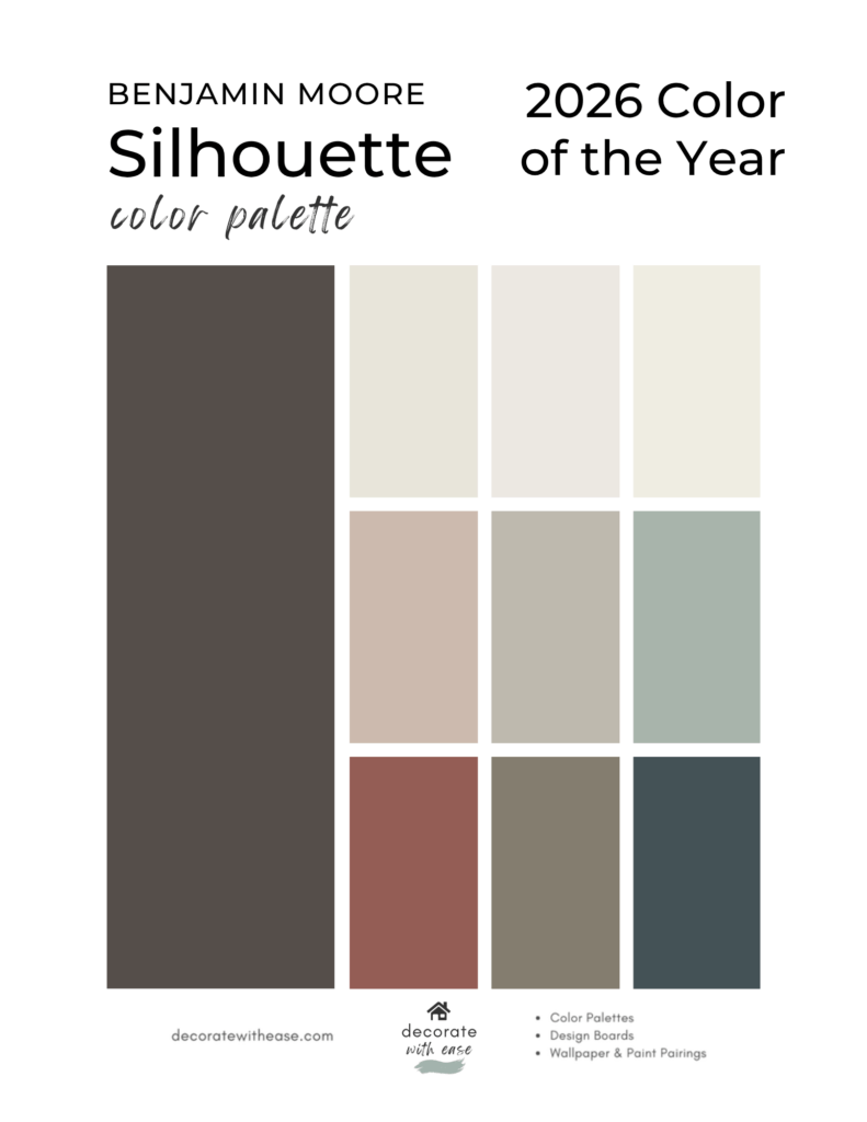 Benjamin Moore 2026 color of the year Silhouette AF-655 color palette on white background