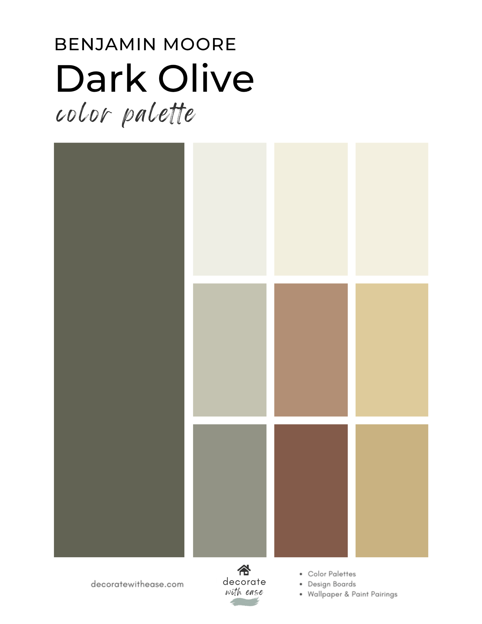 Benjamin Moore Dark Olive Color Palette on white background
