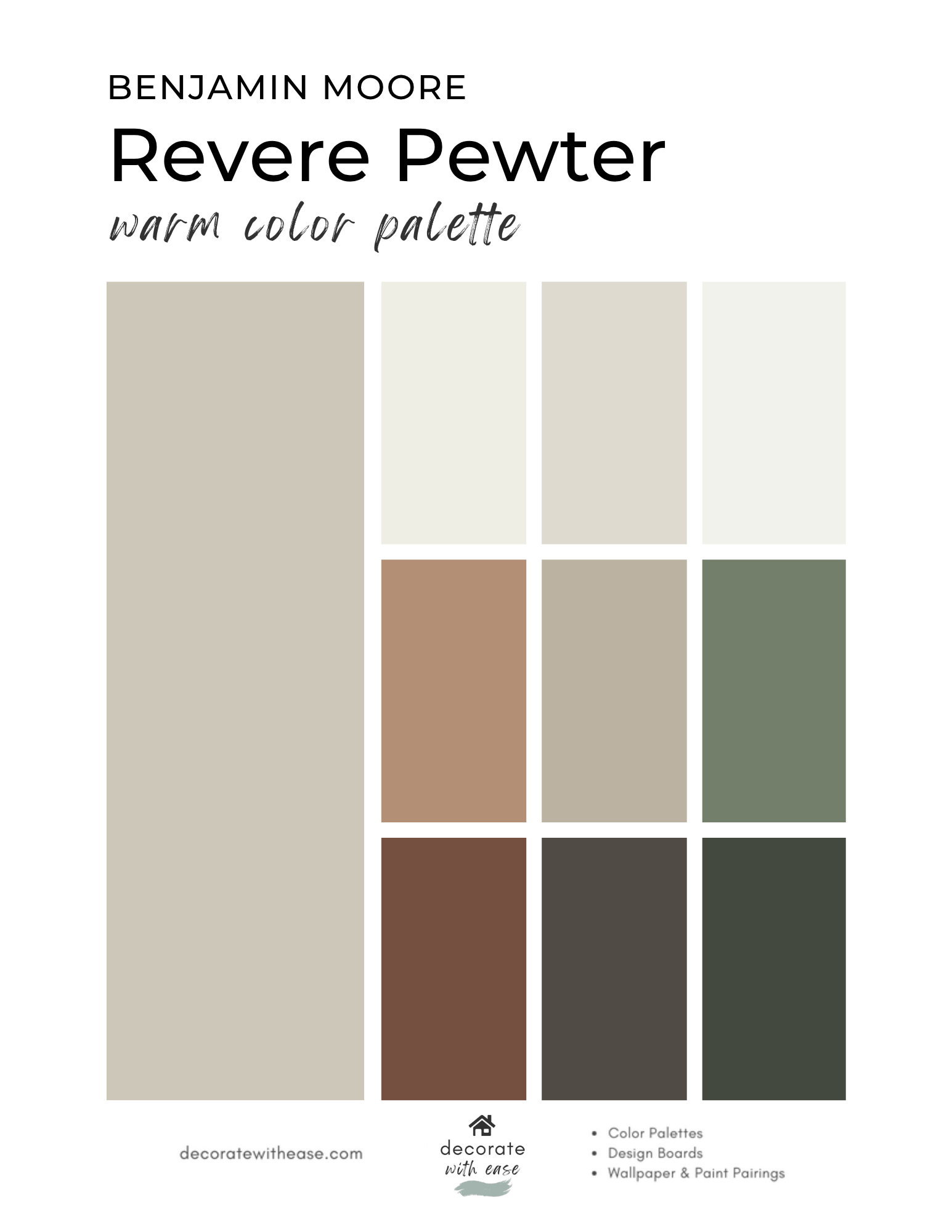 Benjamin Moore Revere Pewter Warm Color Palette on white background