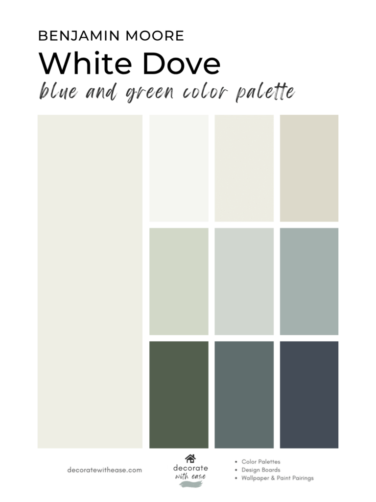 Benjamin Moore White Dove Color Palette with Blues and Greens on white background