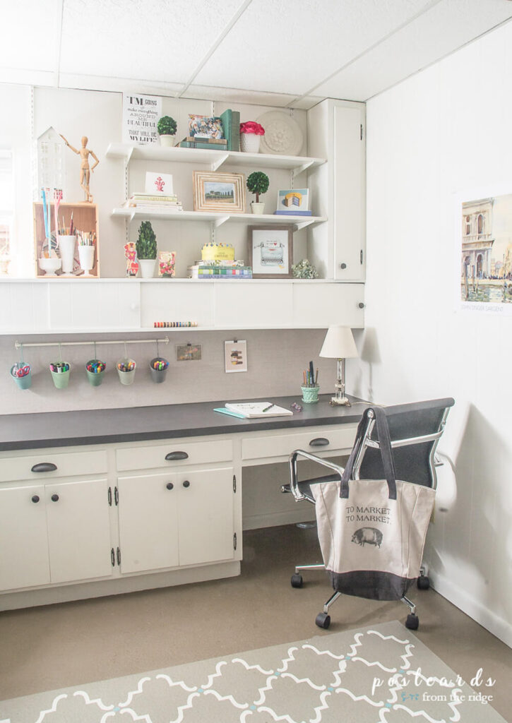 Benjamin Moore White Dove Office Craft Room with black chair