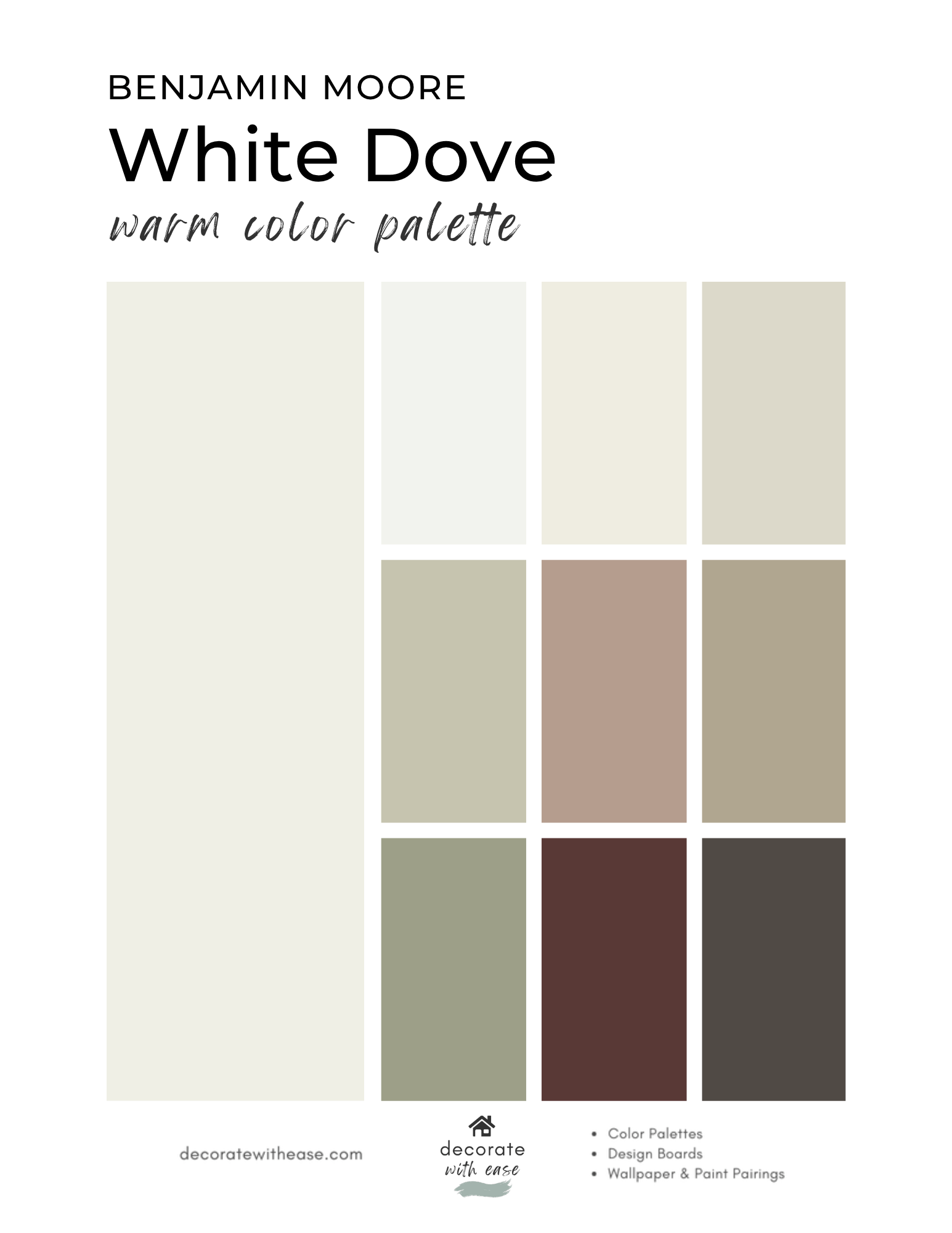 Benjamin Moore White Dove Warm Color Palette on white background