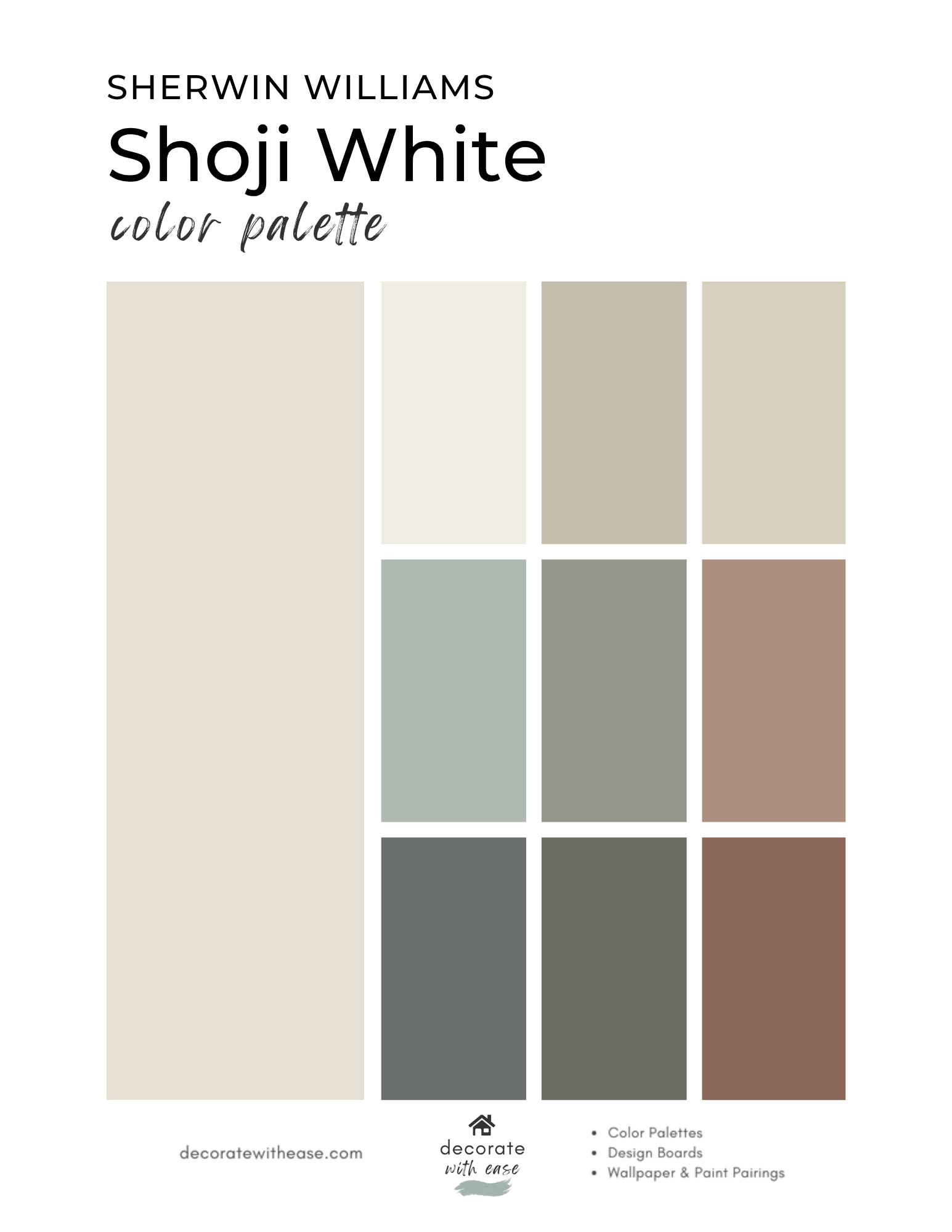 Sherwin Williams Shoji White Color Palette on a white background