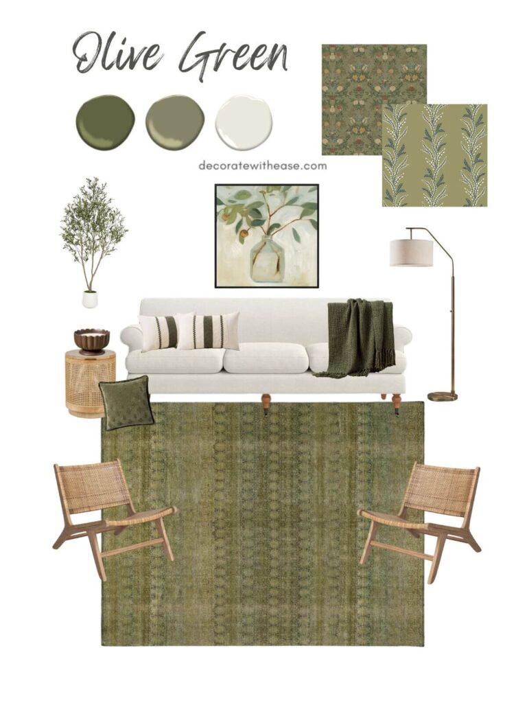 olive green idea board with paint colors, wallpaper, area rug, wall art, and more