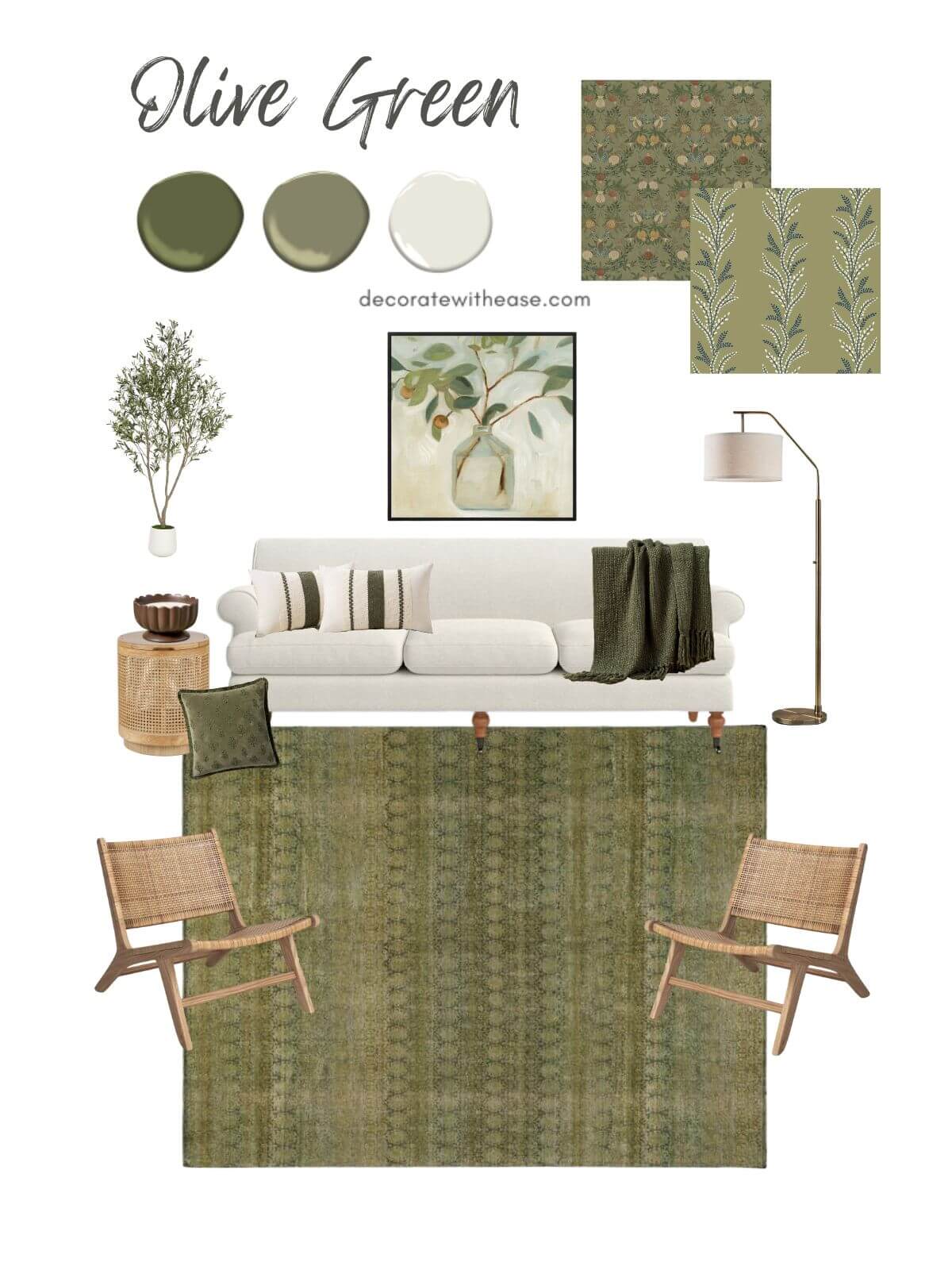 Olive Green Living Room Idea Board - Decorate With Ease