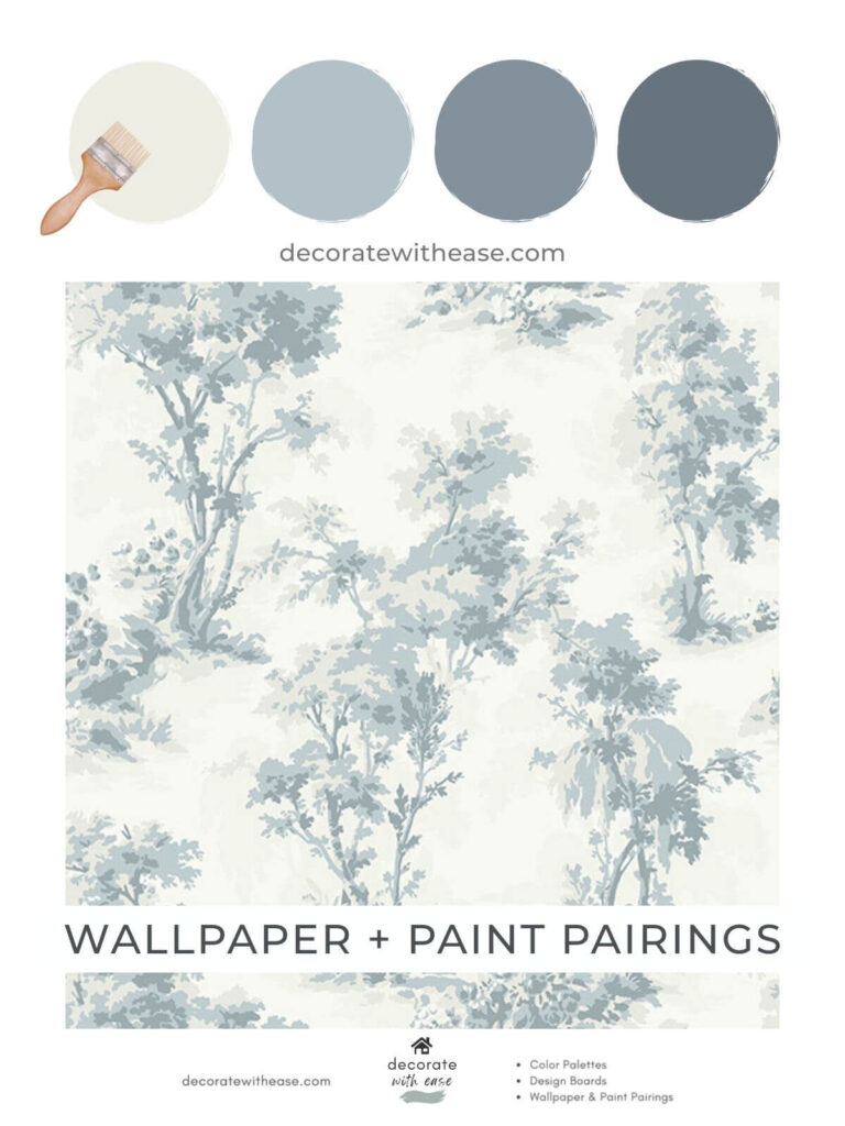 blue and white wallpaper with trees and matching paint colors
