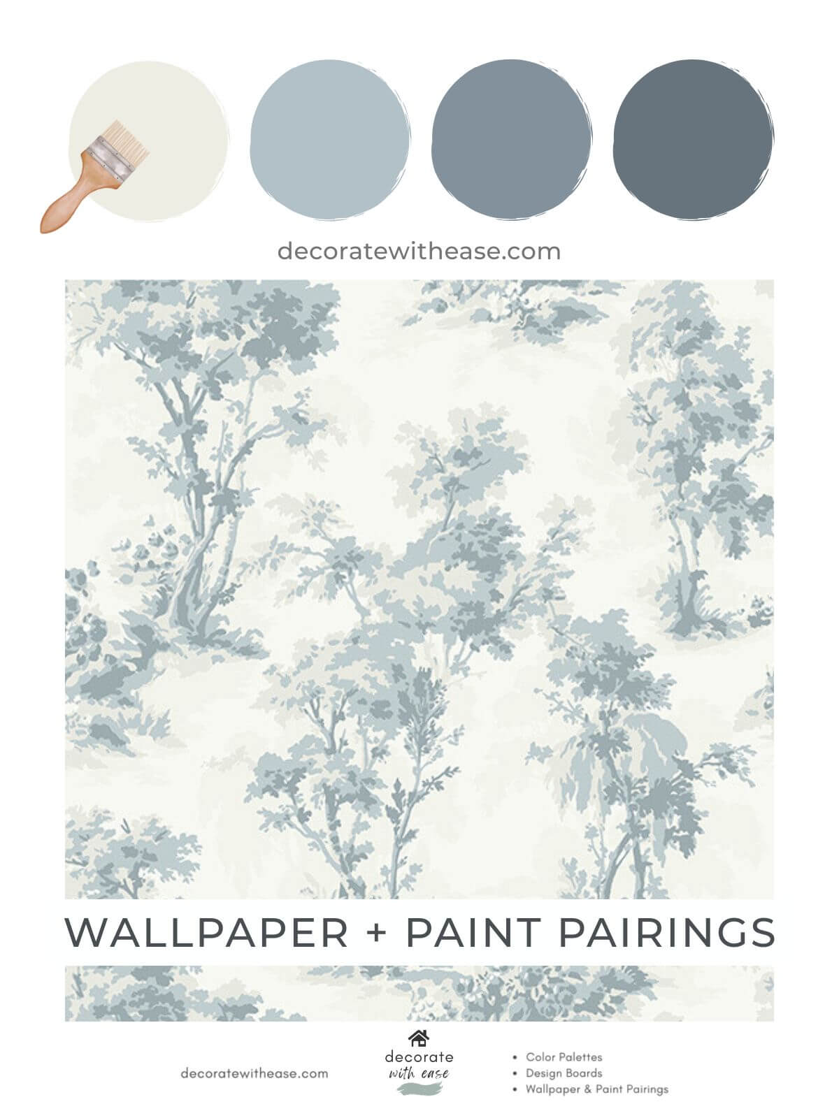 blue and white wallpaper with trees and matching paint colors