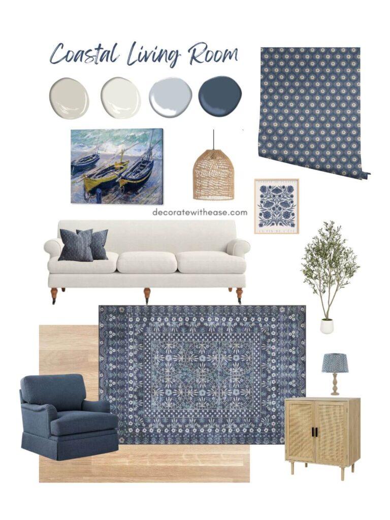 coastal blue and white living room idea board