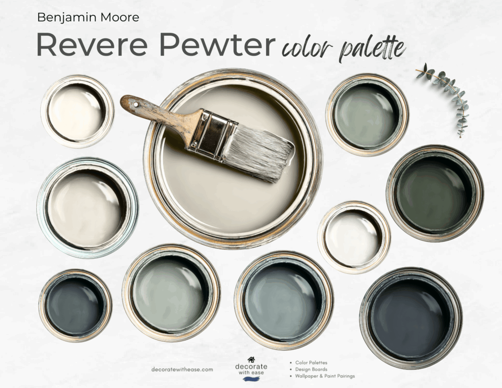 Benjamin Moore Revere Pewter Paint Color Palette with blues and greens