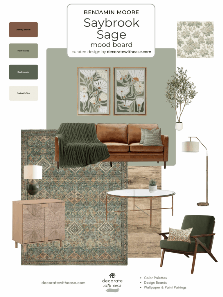 Saybrook Sage Benjamin Moore mood board with area rug, leather sofa, accent chair, wall art