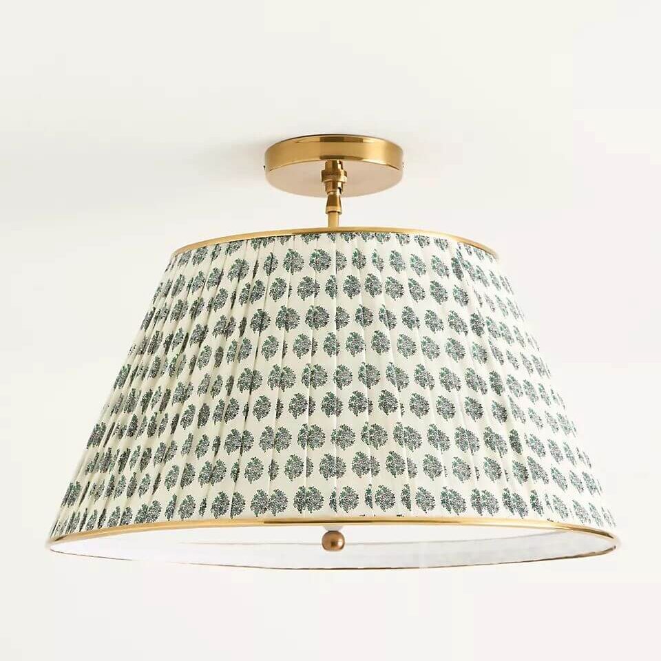 block print brass semi flush overhead light fixture blue and green
