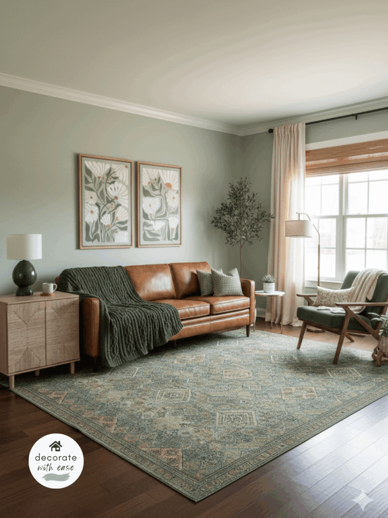 saybrook sage living room with leather sofa, coordinating area rug and wall art